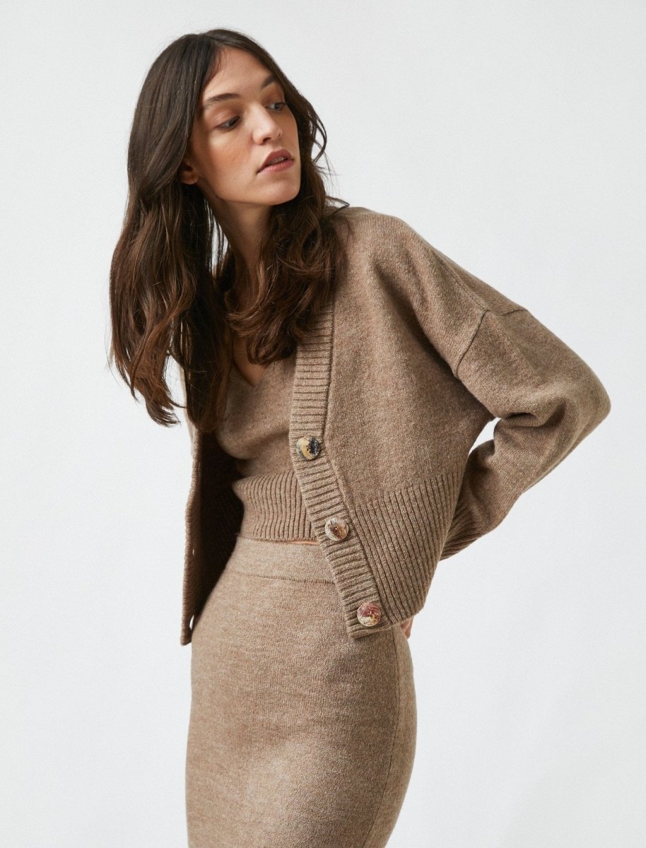 Cropped Button Front Cardigan in Mink Usolo Outfitters