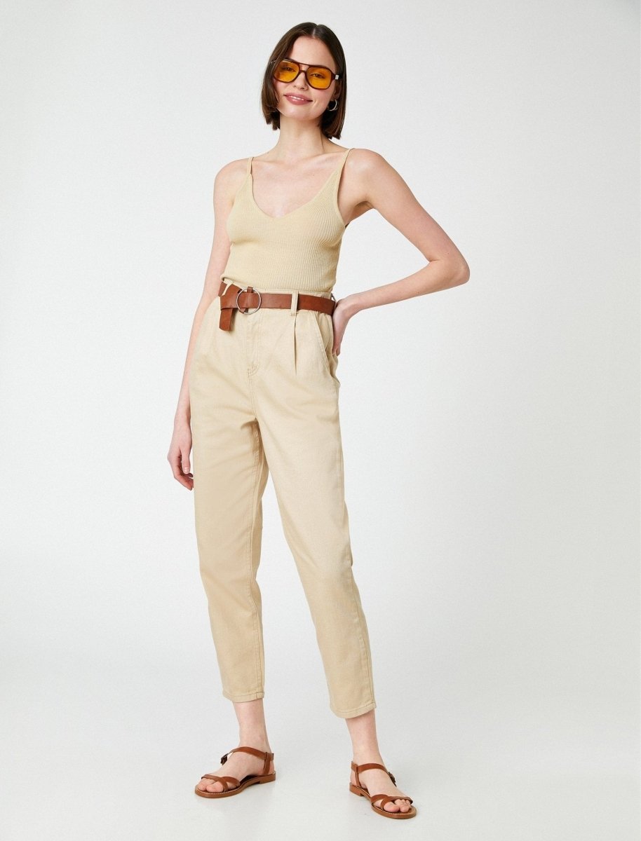 High Waist Belted Twill Pants in Sand