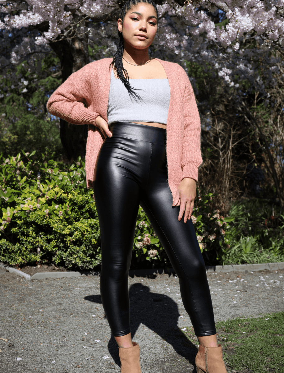 KAMO Women'Plus Size Black Faux Leather Cropped Pants Leather Leggings 